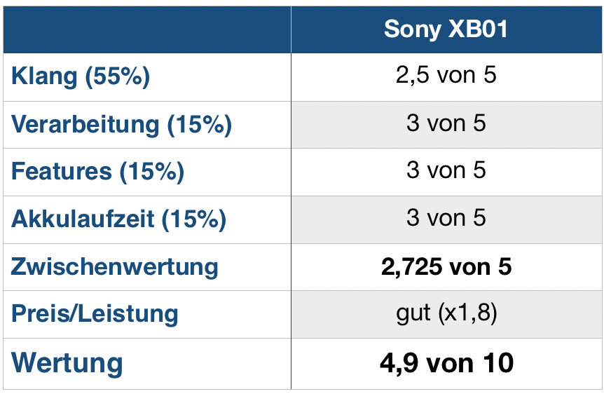 Sony XB01 Wertung